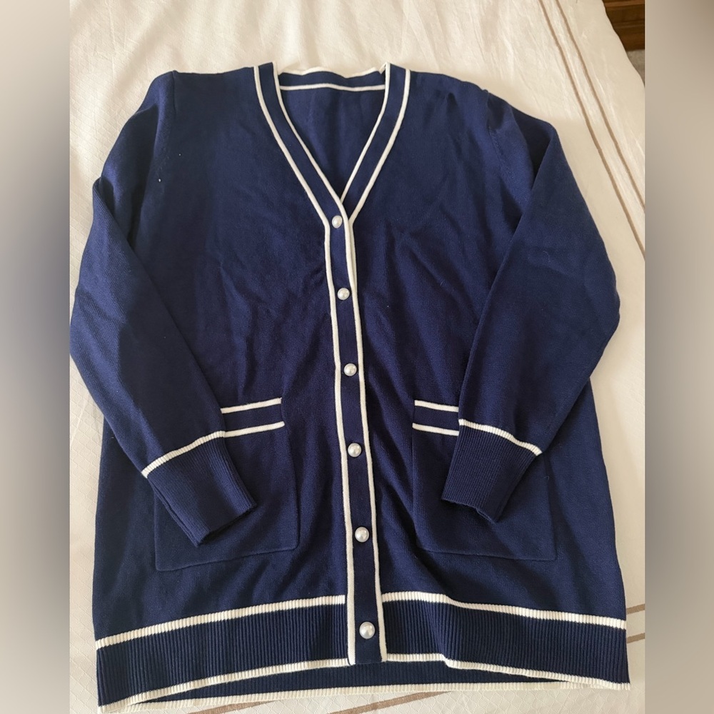 SHEIN Deep Blue Cardigan with White Accents